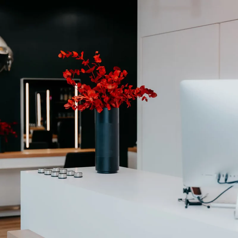 Empfang vom Coworking Friseursalon in Mannheim Sandhofen mit schönen Blumen